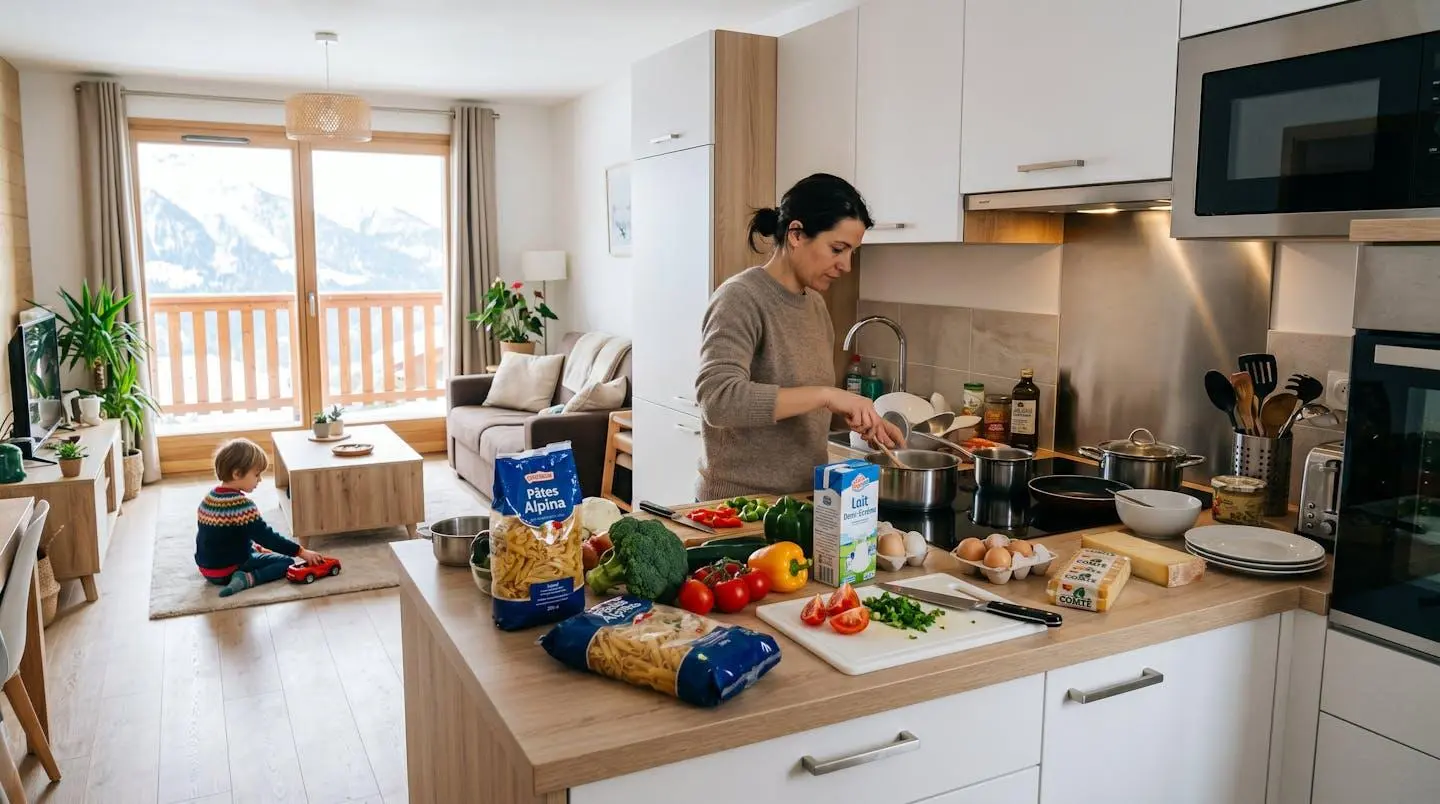 Cuisine moderne équipée d'une résidence de tourisme montagne avec parent préparant le repas, courses visibles sur le plan de travail, enfant dans le salon en arrière-plan