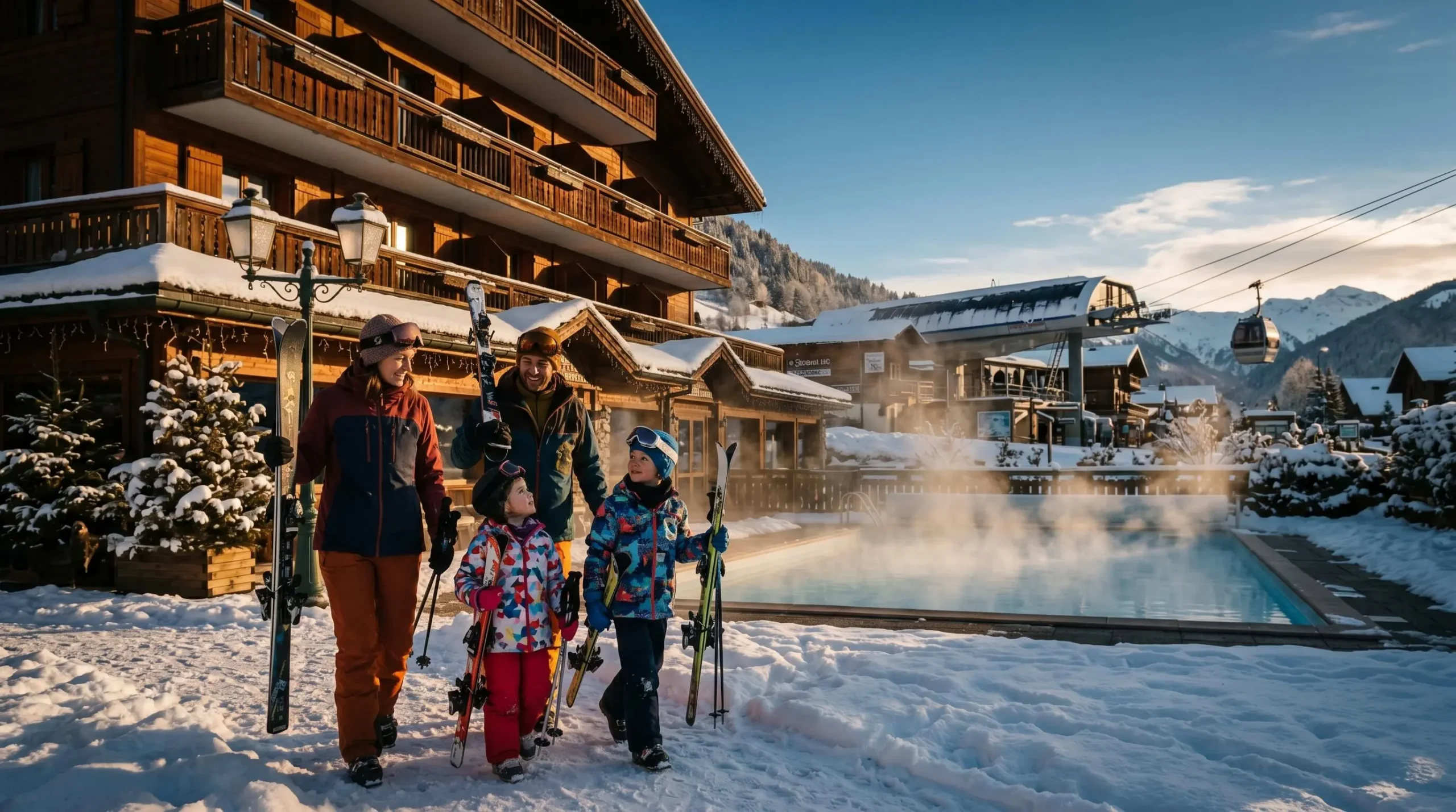 Famille de quatre personnes en tenue de ski sortant d'un hôtel montagnard à Morzine, piscine extérieure chauffée fumante visible à l'arrière-plan avec remontées mécaniques à proximité immédiate