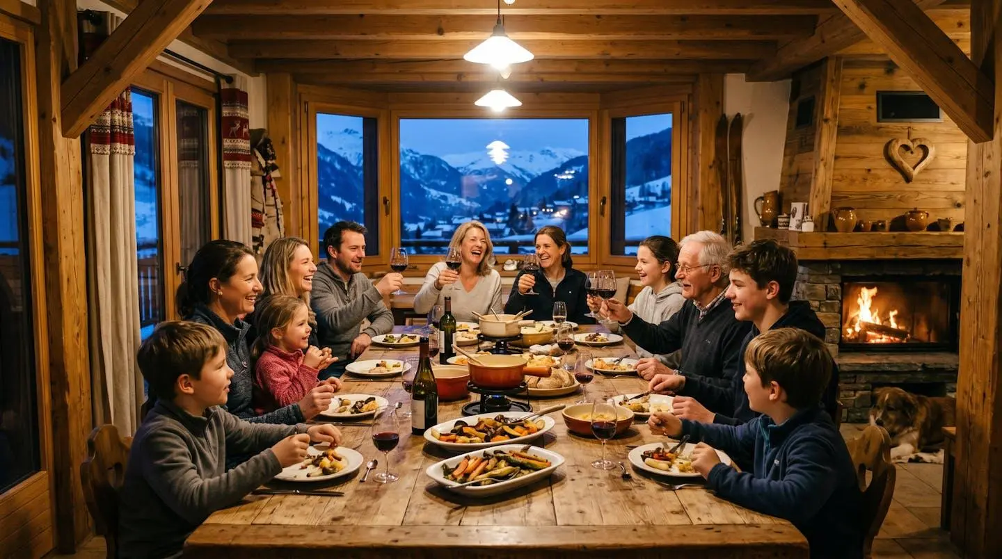 Grande tablée familiale de douze personnes dans la salle à manger d'un chalet montagnard à Morzine, repas partagé convivial, cheminée allumée et vue montagnes enneigées par la baie vitrée