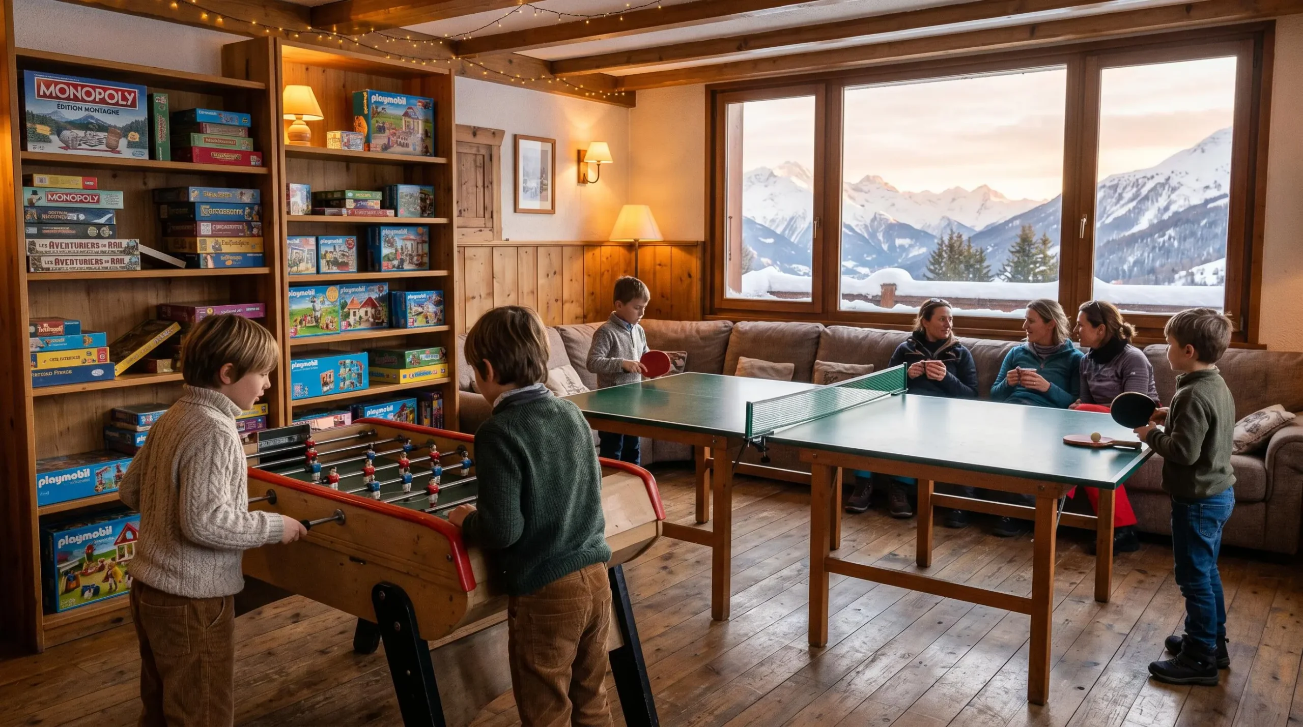 Salle de jeux intérieure d'un hôtel familial à Morzine avec enfants jouant au babyfoot et ping-pong, parents assis en arrière-plan, ambiance cosy après-ski